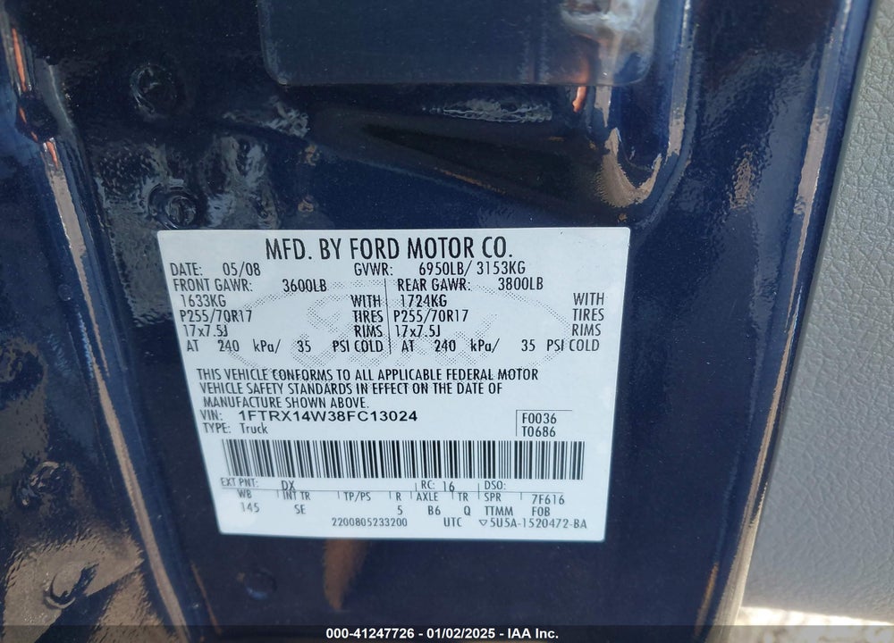 2008 FORD F-150 STX/XL/XLT VIN: 1FTRX14W38FC13024