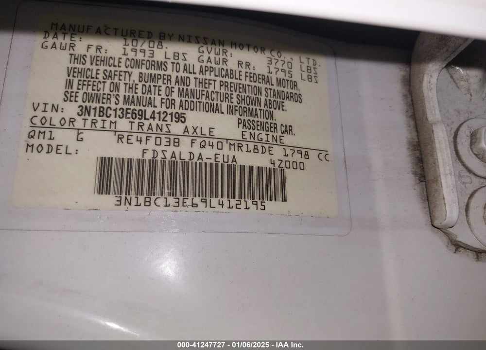 2009 NISSAN VERSA 1.8S VIN: 3N1BC13E69L412195