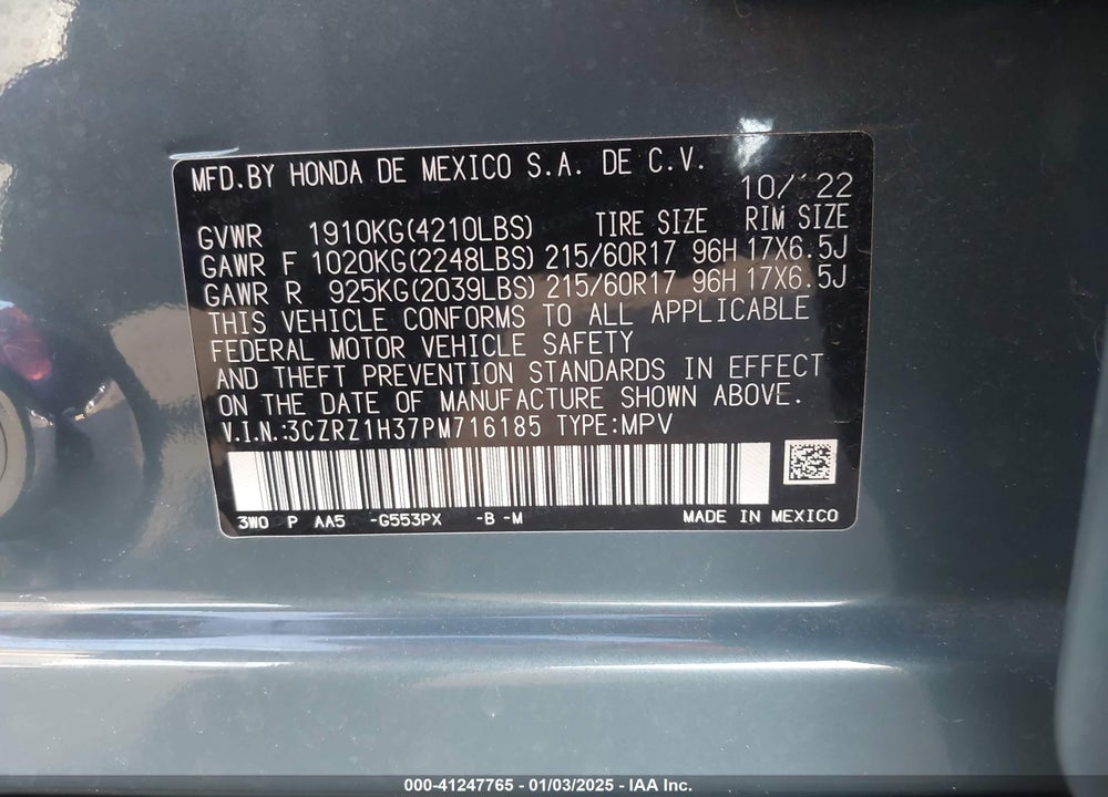 2023 HONDA HR-V 2WD LX VIN: 3CZRZ1H37PM716185