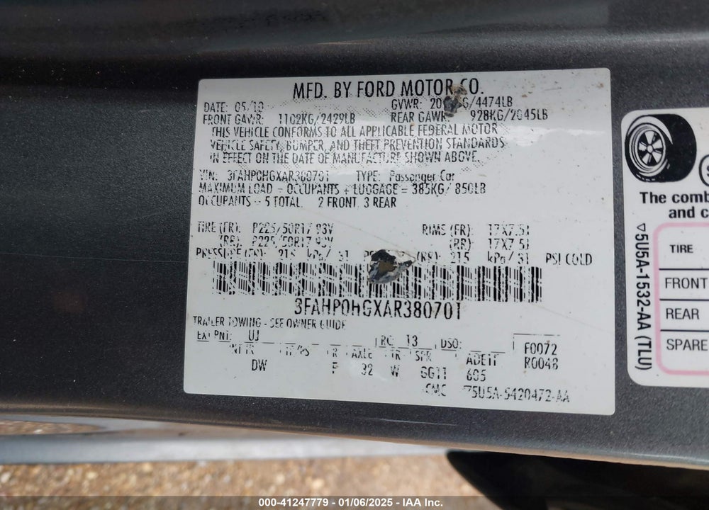 2010 FORD FUSION SE VIN: 3FAHP0HGXAR380701