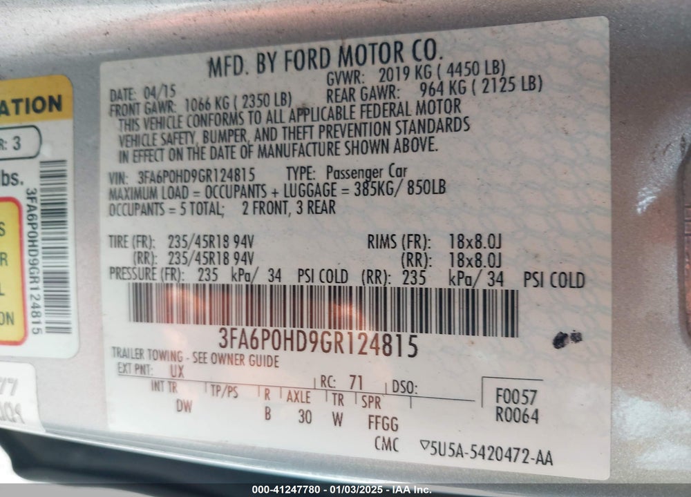 2016 FORD FUSION SE VIN: 3FA6P0HD9GR124815