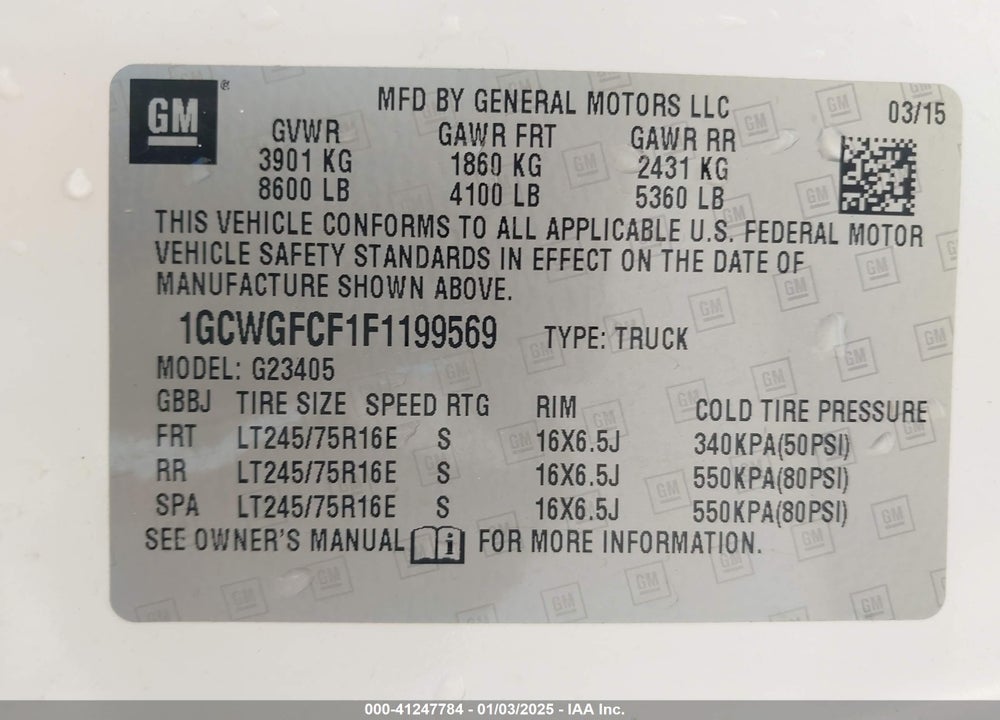 2015 CHEVROLET EXPRESS 2500 WORK VAN VIN: 1GCWGFCF1F1199569