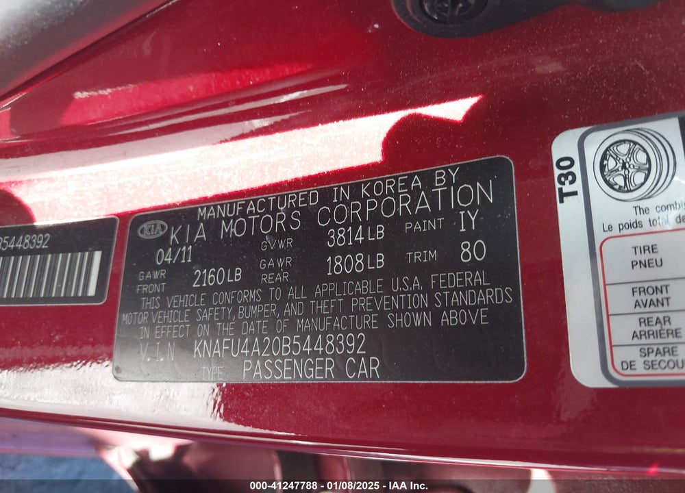 2011 KIA FORTE EX VIN: KNAFU4A20B5448392
