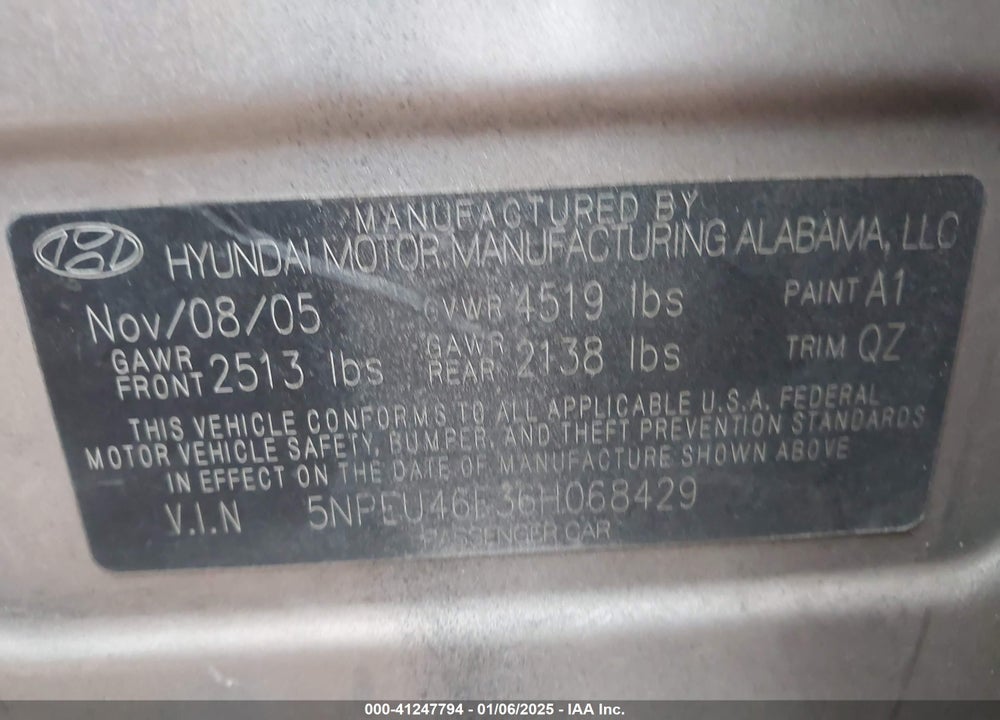 2006 HYUNDAI SONATA GLS V6/LX V6 VIN: 5NPEU46F36H068429