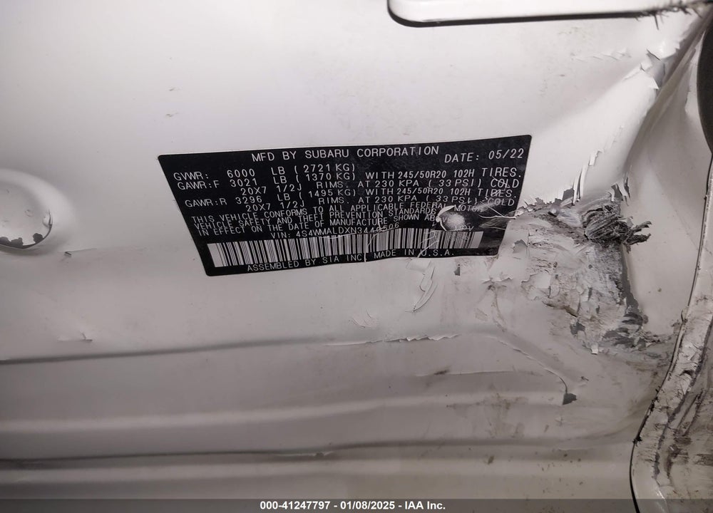 2022 SUBARU ASCENT VIN: 4S4WMALDXN3440506