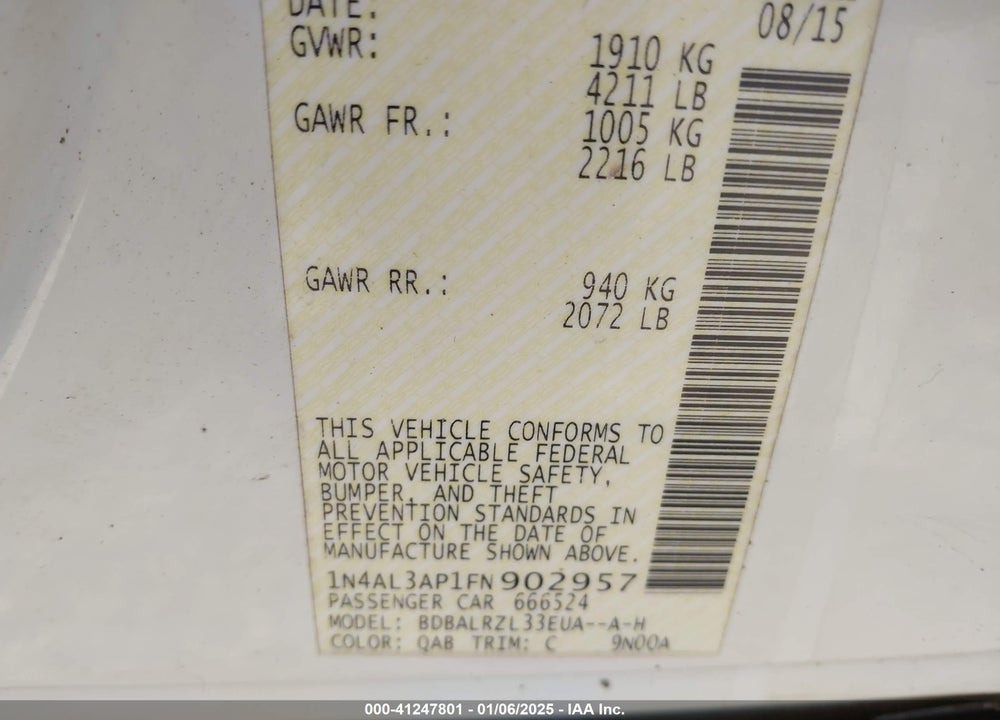2015 NISSAN ALTIMA 2.5 SL VIN: 1N4AL3AP1FN902957