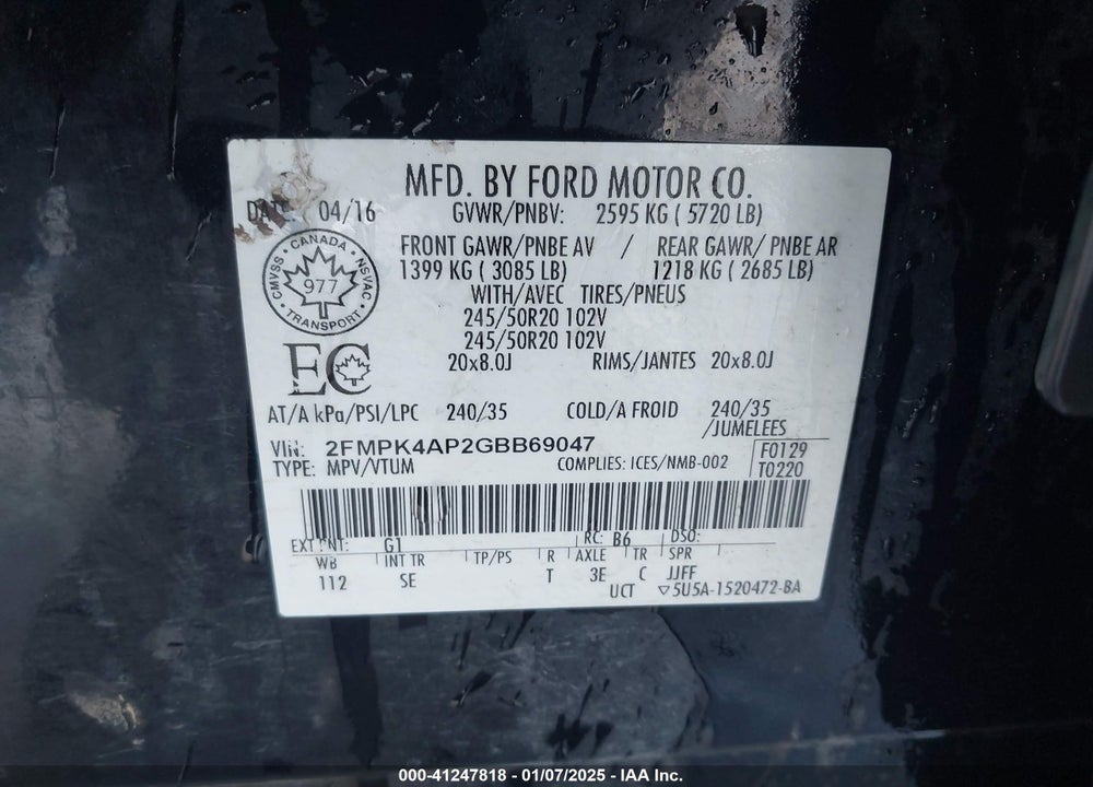 2016 FORD EDGE VIN: 2FMPK4AP2GBB69047