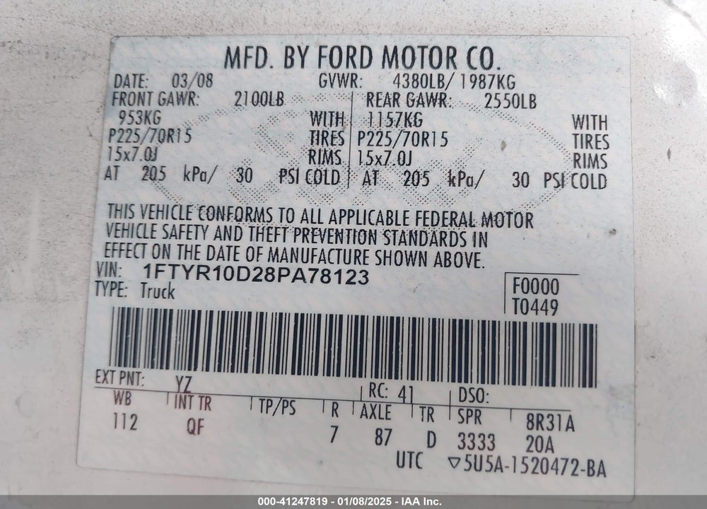 2008 FORD RANGER XL/XLT VIN: 1FTYR10D28PA78123