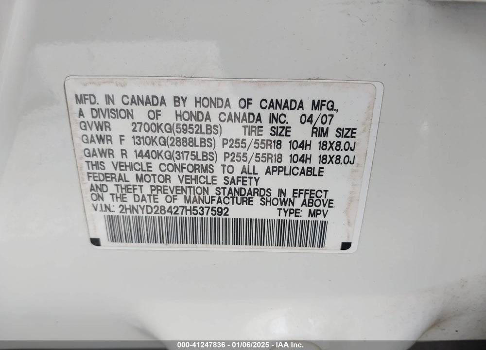 2007 ACURA MDX TECHNOLOGY PACKAGE VIN: 2HNYD28427H537592