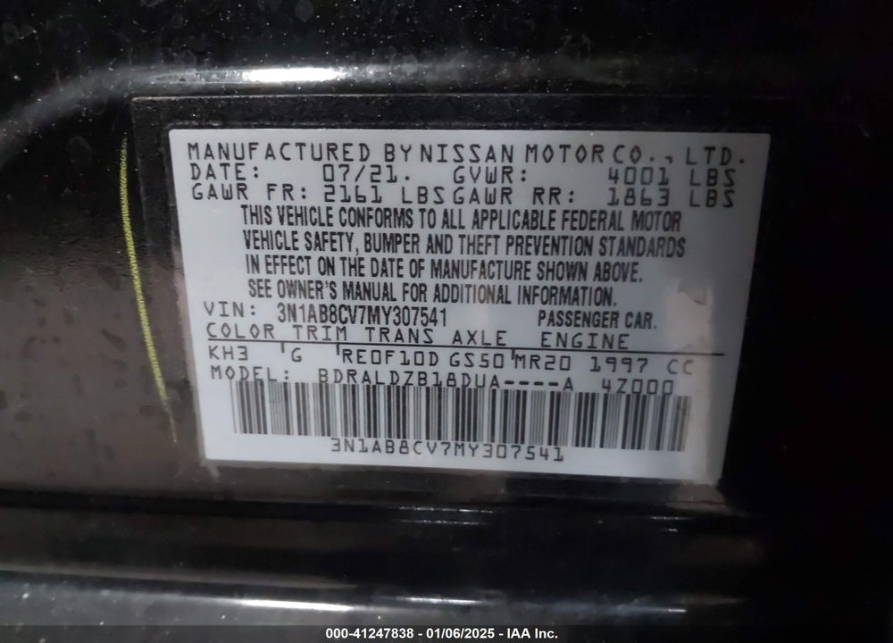 2021 NISSAN SENTRA SV XTRONIC CVT VIN: 3N1AB8CV7MY307541