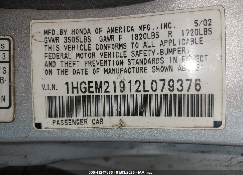 2002 HONDA CIVIC EX VIN: 1HGEM21912L079376