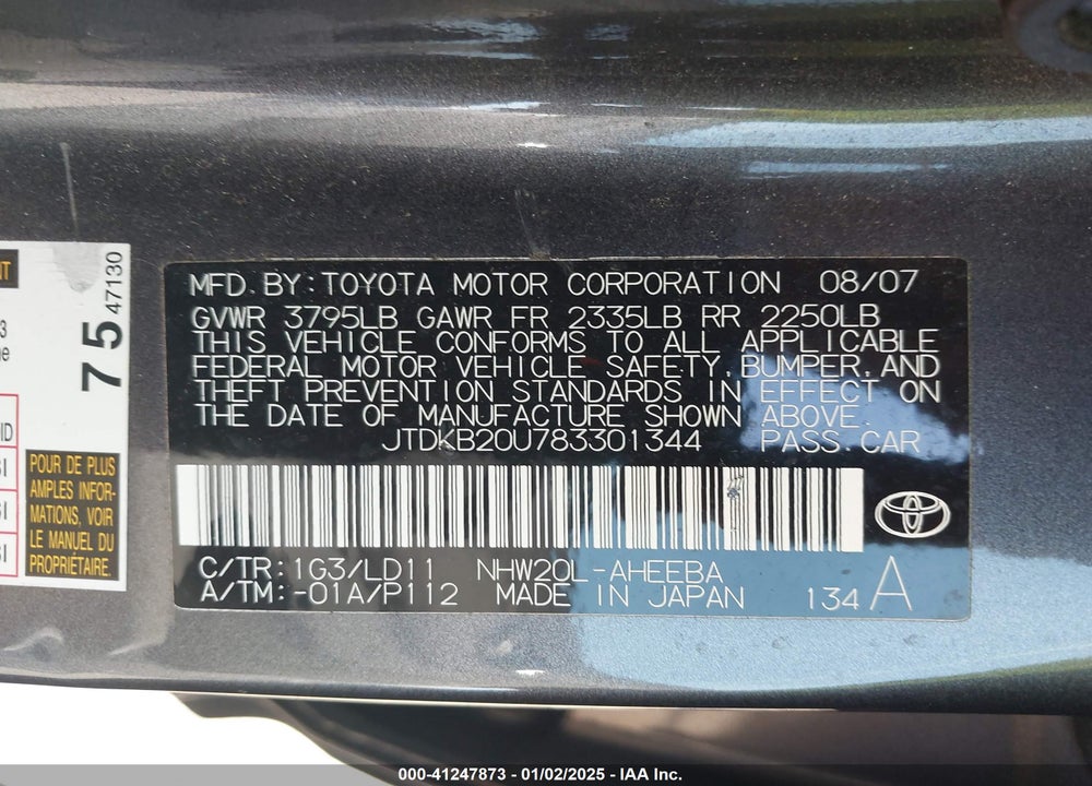 2008 TOYOTA PRIUS VIN: JTDKB20U783301344
