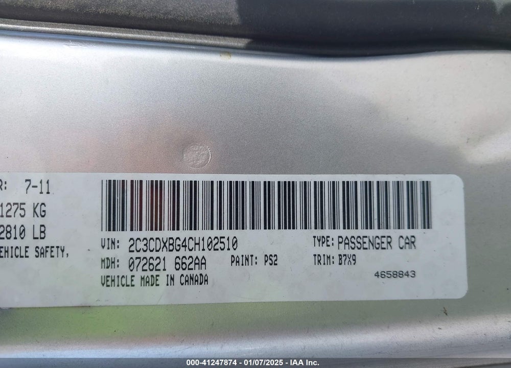 2012 DODGE CHARGER VIN: 2C3CDXBG4CH102510