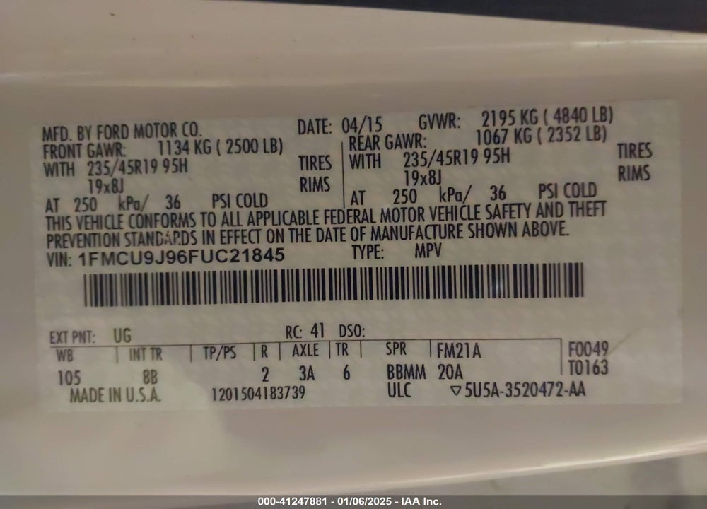 2015 FORD ESCAPE TITANIUM VIN: 1FMCU9J96FUC21845