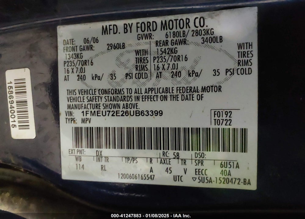2006 FORD EXPLORER XLS VIN: 1FMEU72E26UB63399