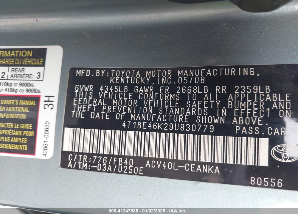 2009 TOYOTA CAMRY LE VIN: 4T1BE46K29U830779