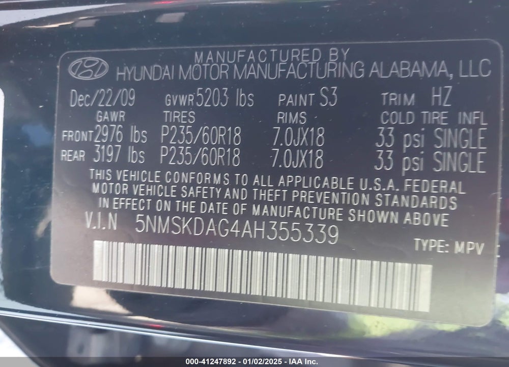 2010 HYUNDAI SANTA FE LIMITED V6 VIN: 5NMSKDAG4AH355339