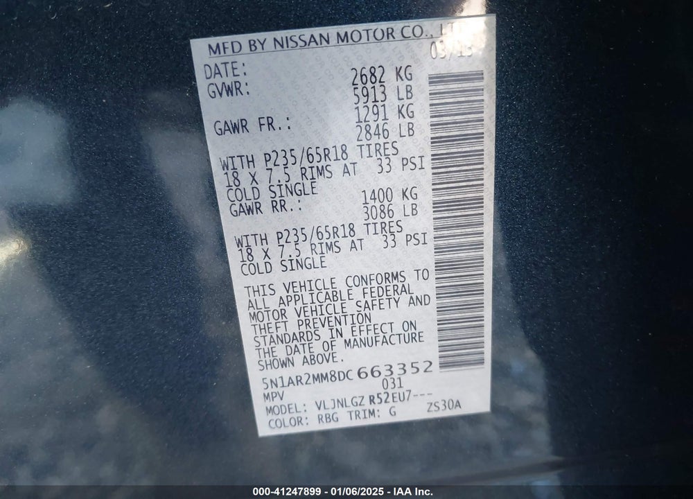 2013 NISSAN PATHFINDER SL VIN: 5N1AR2MM8DC663352
