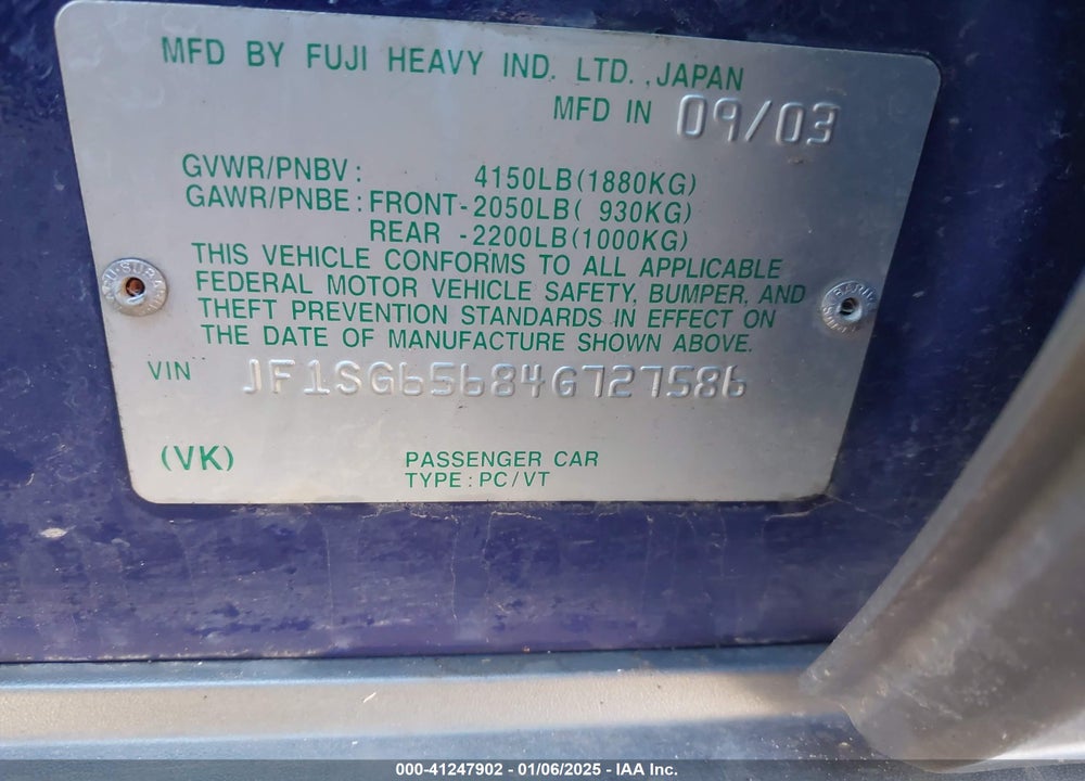 2004 SUBARU FORESTER 2.5XS VIN: JF1SG65684G727586