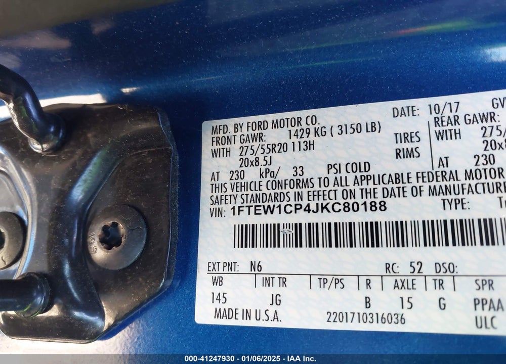 2018 FORD F-150 VIN: 1FTEW1CP4JKC80188