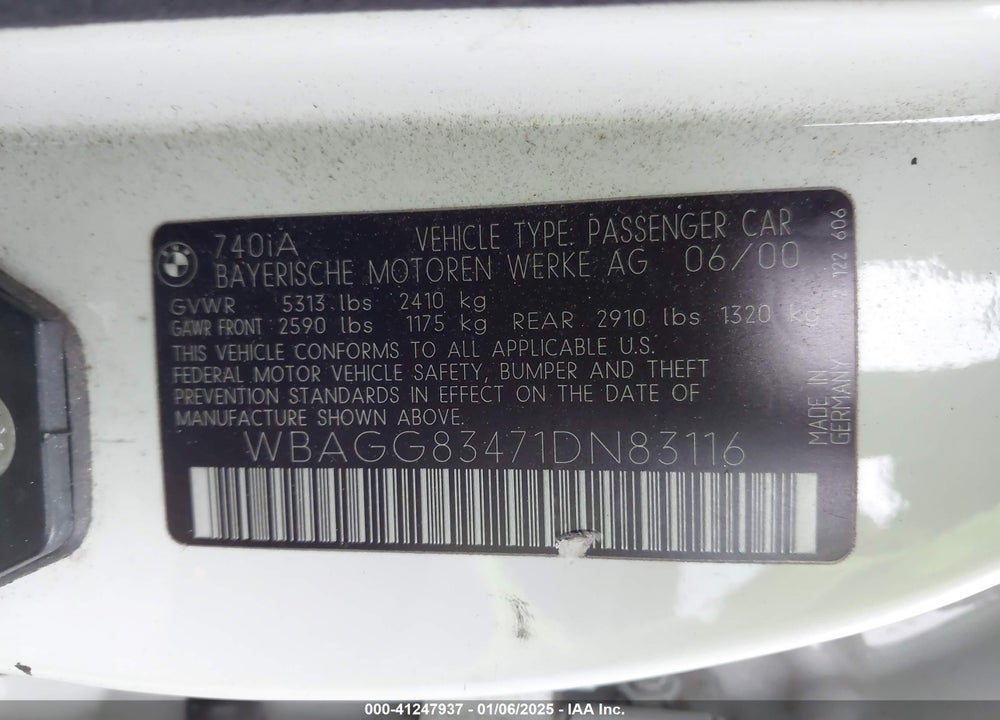 2001 BMW 740IA VIN: WBAGG83471DN83116