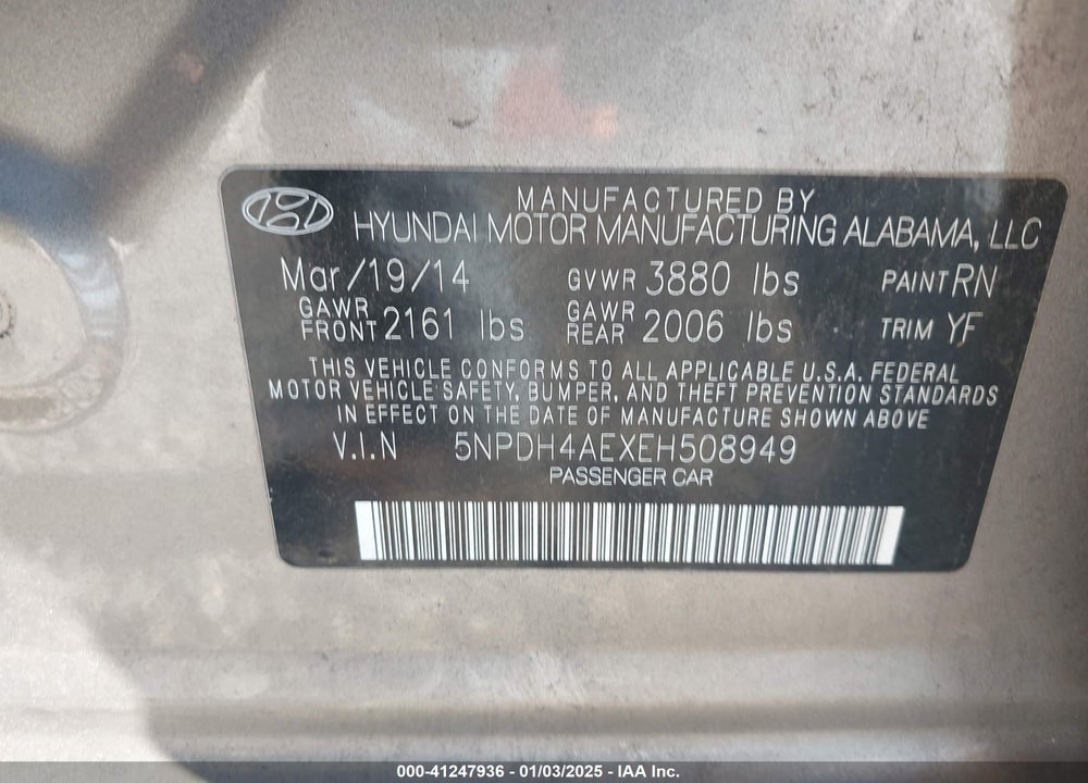 2014 HYUNDAI ELANTRA SE VIN: 5NPDH4AEXEH508949