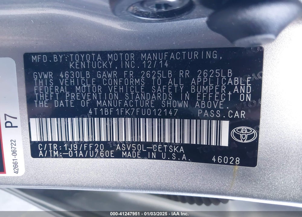 2015 TOYOTA CAMRY SE VIN: 4T1BF1FK7FU012147