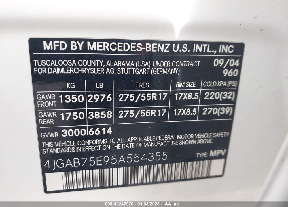 2005 MERCEDES-BENZ ML 500 4MATIC VIN: 4JGAB75E95A554355
