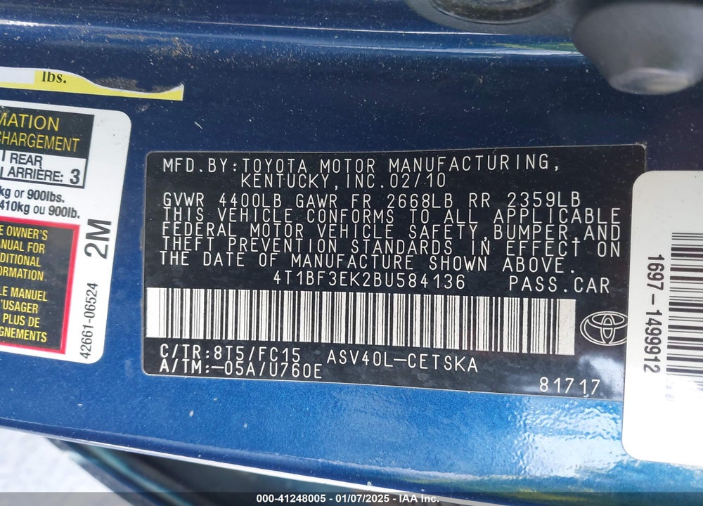 2011 TOYOTA CAMRY VIN: 4T1BF3EK2BU584136