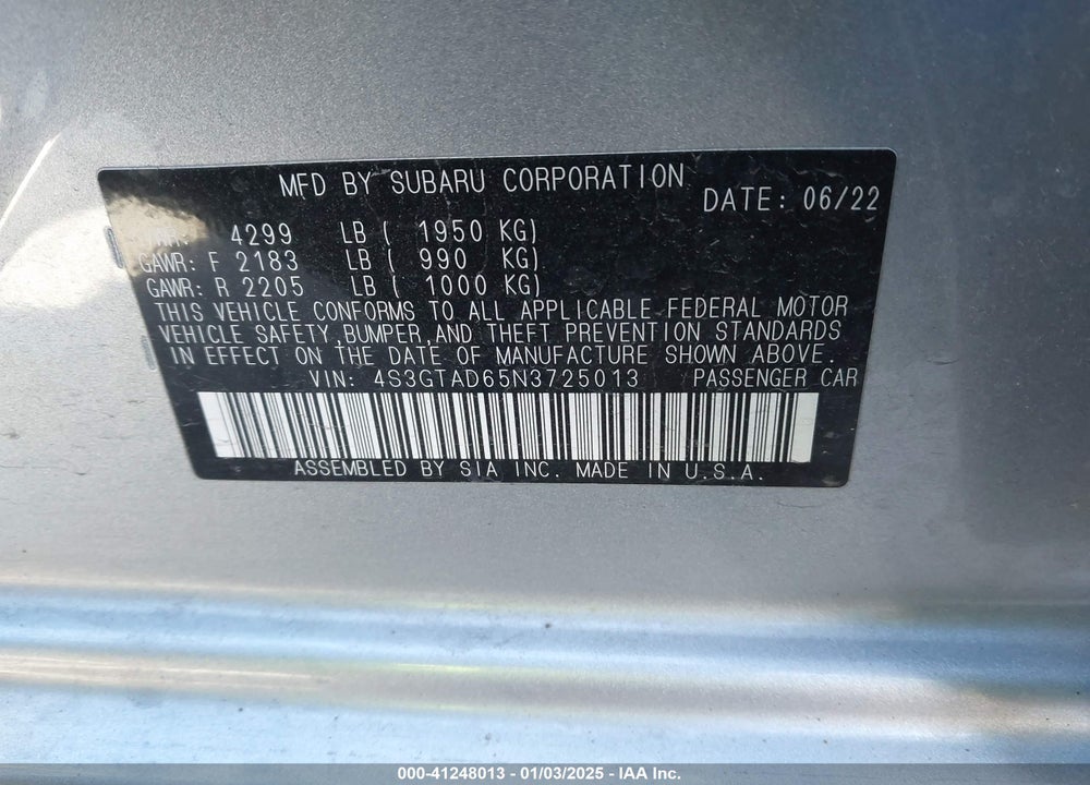 2022 SUBARU IMPREZA VIN: 4S3GTAD65N3725013