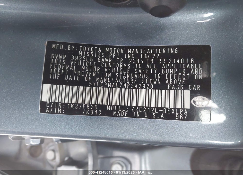 2022 TOYOTA COROLLA LE VIN: 5YFEPMAE7NP342920