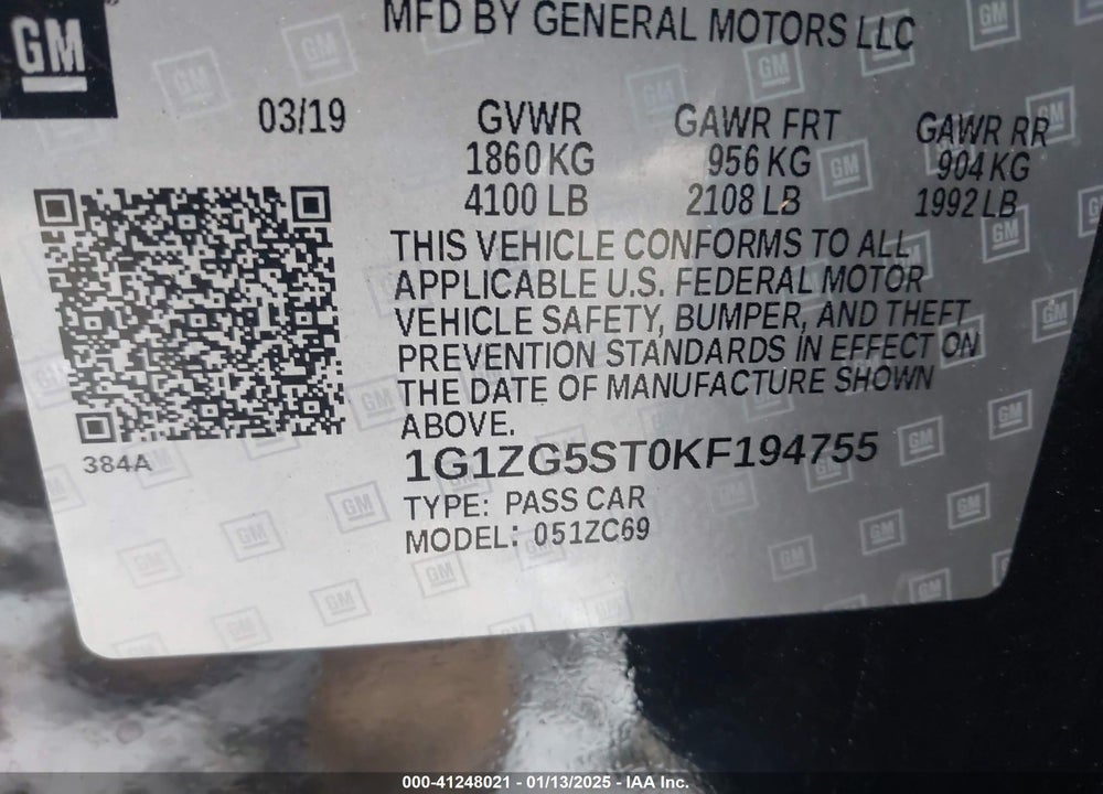 2019 CHEVROLET MALIBU RS VIN: 1G1ZG5ST0KF194755