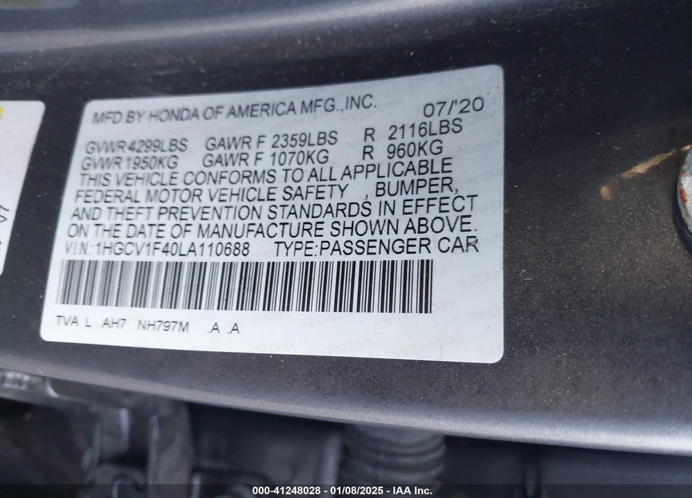 2020 HONDA ACCORD EX VIN: 1HGCV1F40LA110688