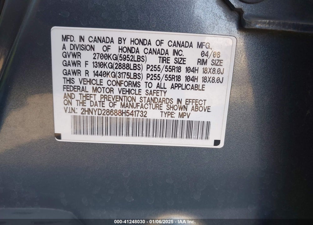 2008 ACURA MDX TECHNOLOGY PACKAGE VIN: 2HNYD28688H541732