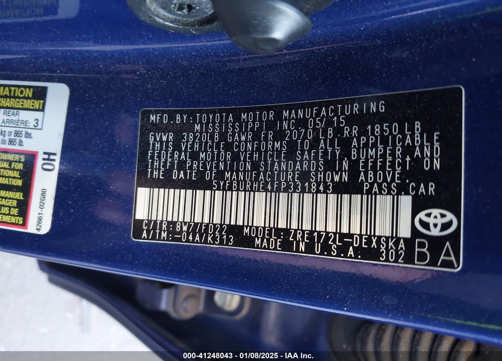 2015 TOYOTA COROLLA VIN: 5YFBURHE4FP331843