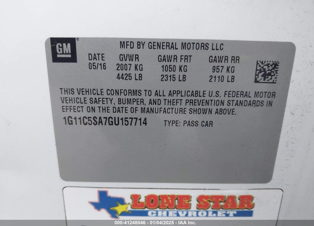 2016 CHEVROLET MALIBU LIMITED VIN: 1G11C5SA7GU157714