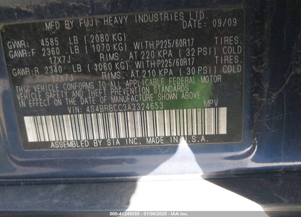 2010 SUBARU OUTBACK 2.5I PREMIUM VIN: 4S4BRBCC3A3324653