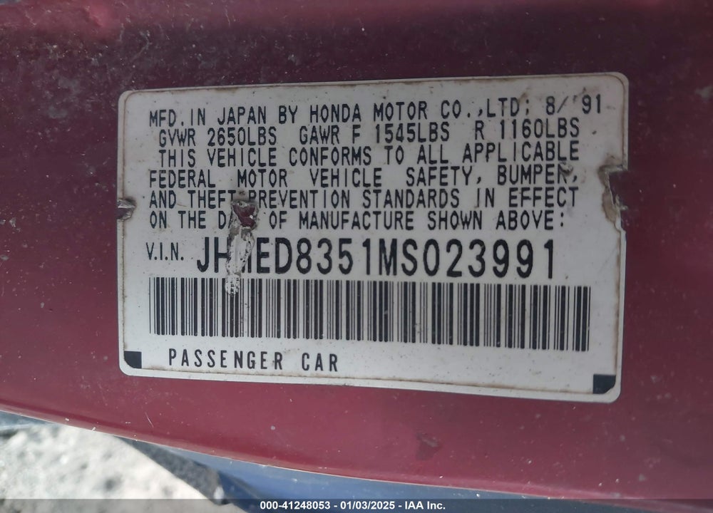 1991 HONDA CIVIC CRX VIN: JHMED8351MS023991