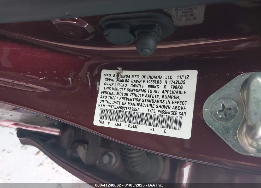 2012 HONDA CIVIC SDN LX VIN: 19XFB2F59CE389557