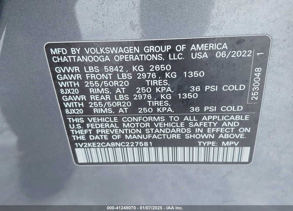 2022 VOLKSWAGEN ATLAS CROSS SPORT 3.6L V6 SE W/TECHNOLOGY VIN: 1V2KE2CA8NC227581