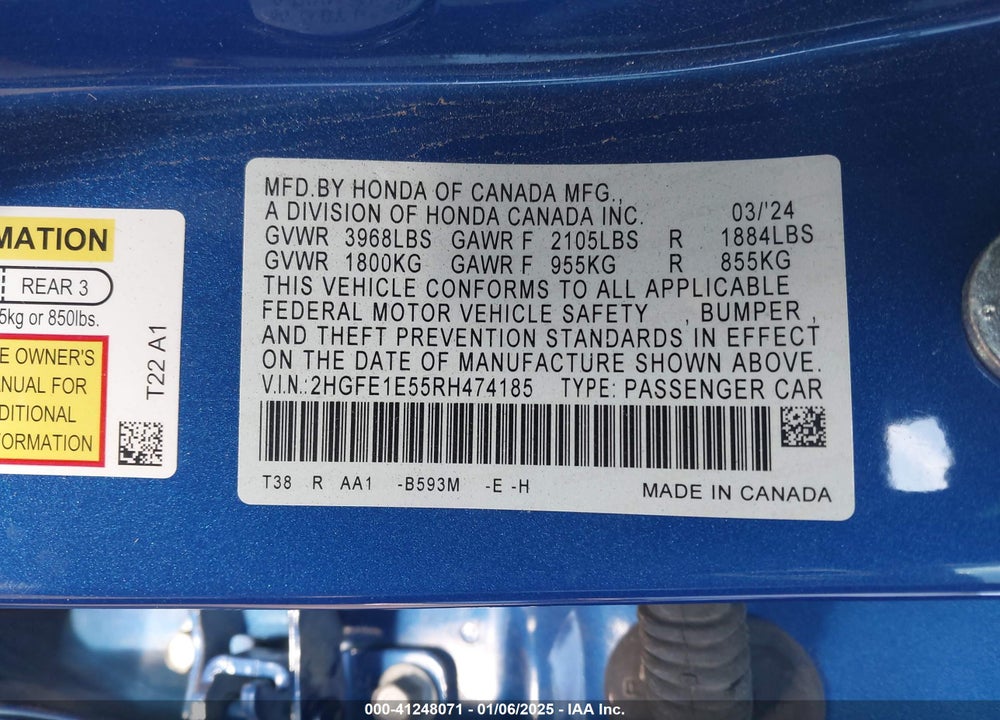 2024 HONDA CIVIC SI VIN: 2HGFE1E55RH474185