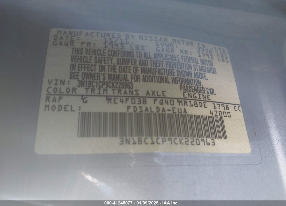 2012 NISSAN VERSA VIN: 3N1BC1CP9CK220963