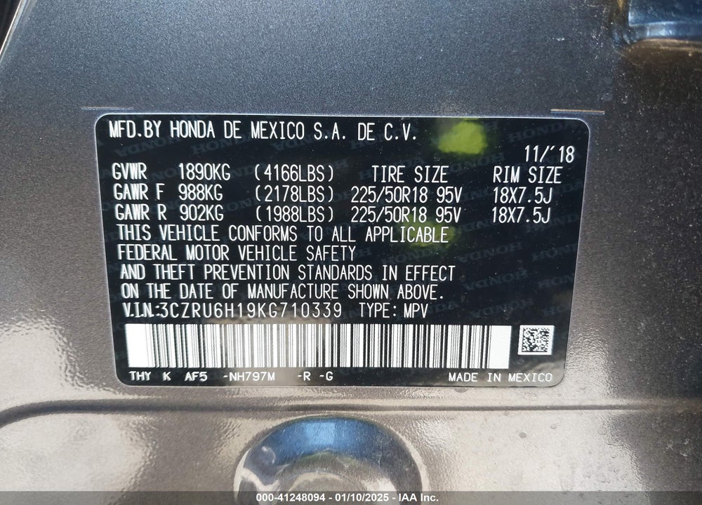 2019 HONDA HR-V SPORT VIN: 3CZRU6H19KG710339