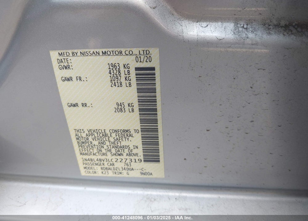 2020 NISSAN ALTIMA VIN: 1N4BL4BV3LC227319