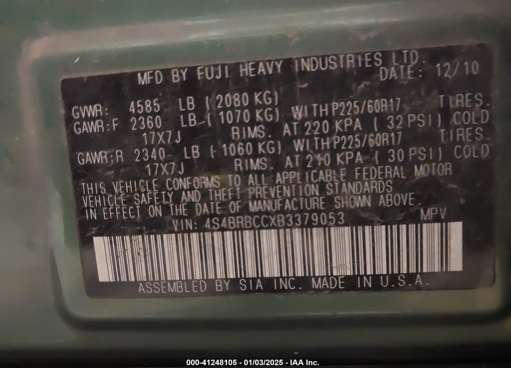 2011 SUBARU OUTBACK 2.5I PREMIUM VIN: 4S4BRBCCXB3379053