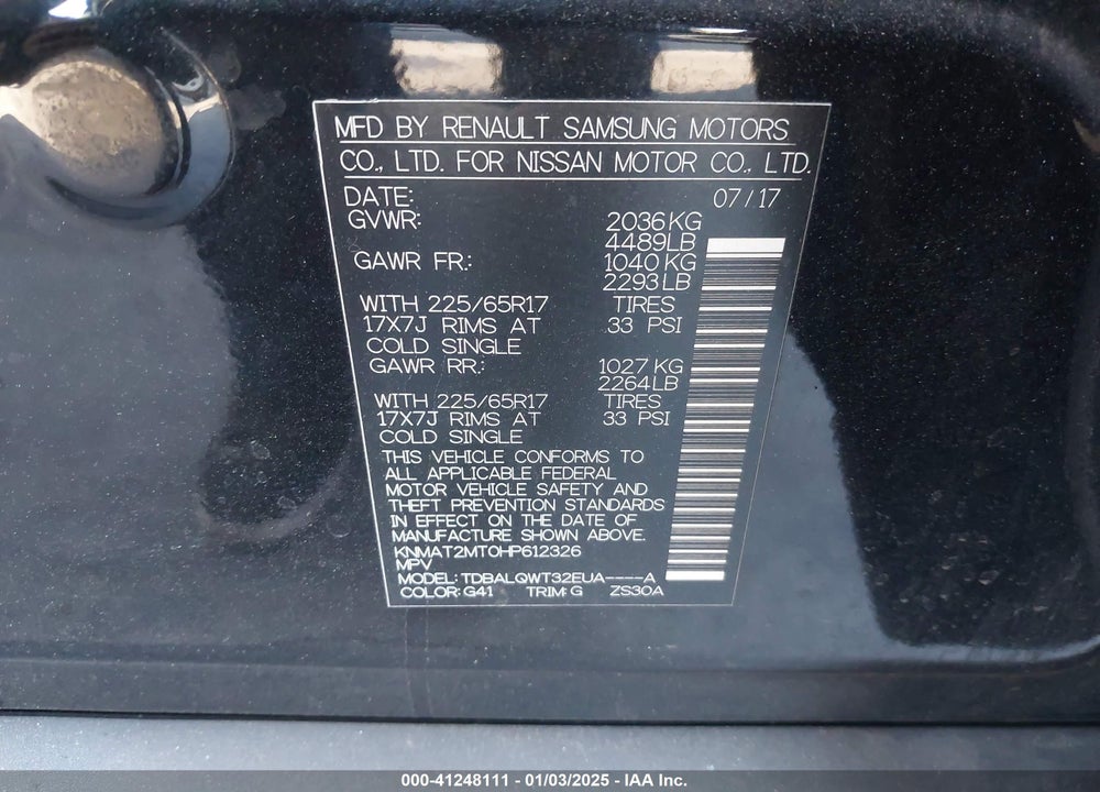 2017 NISSAN ROGUE SV VIN: KNMAT2MT0HP612326