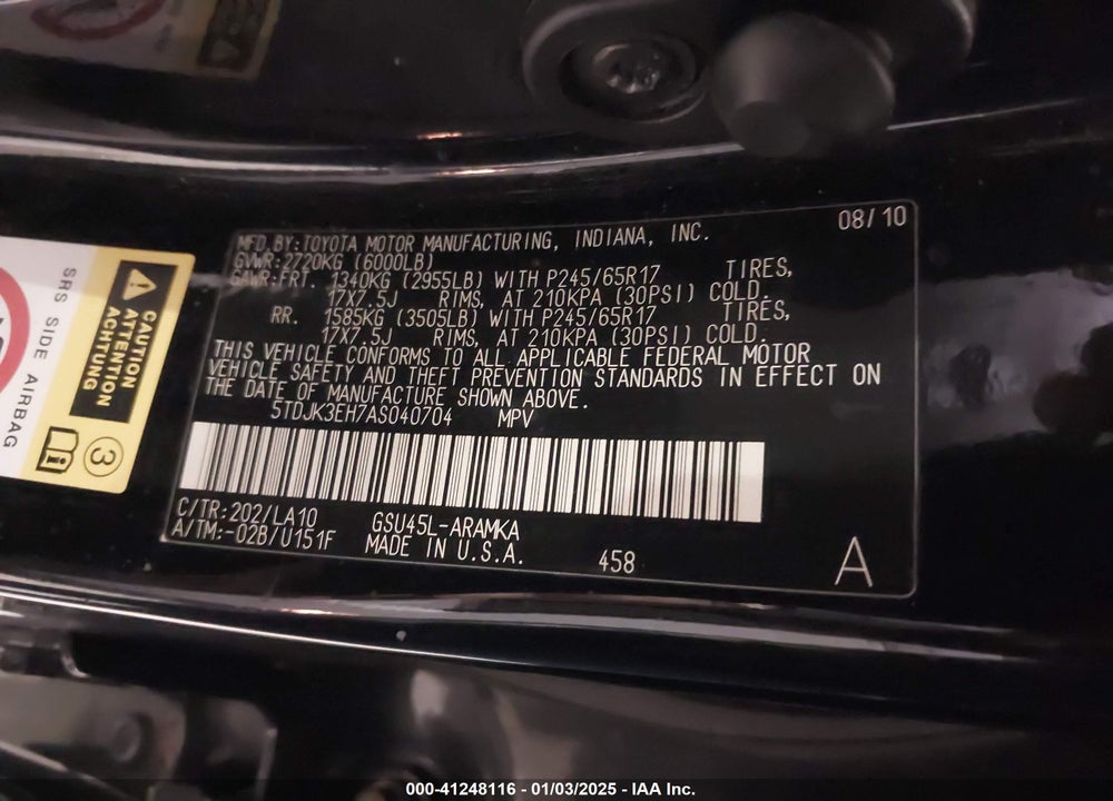 2010 TOYOTA HIGHLANDER SE V6 VIN: 5TDJK3EH7AS040704
