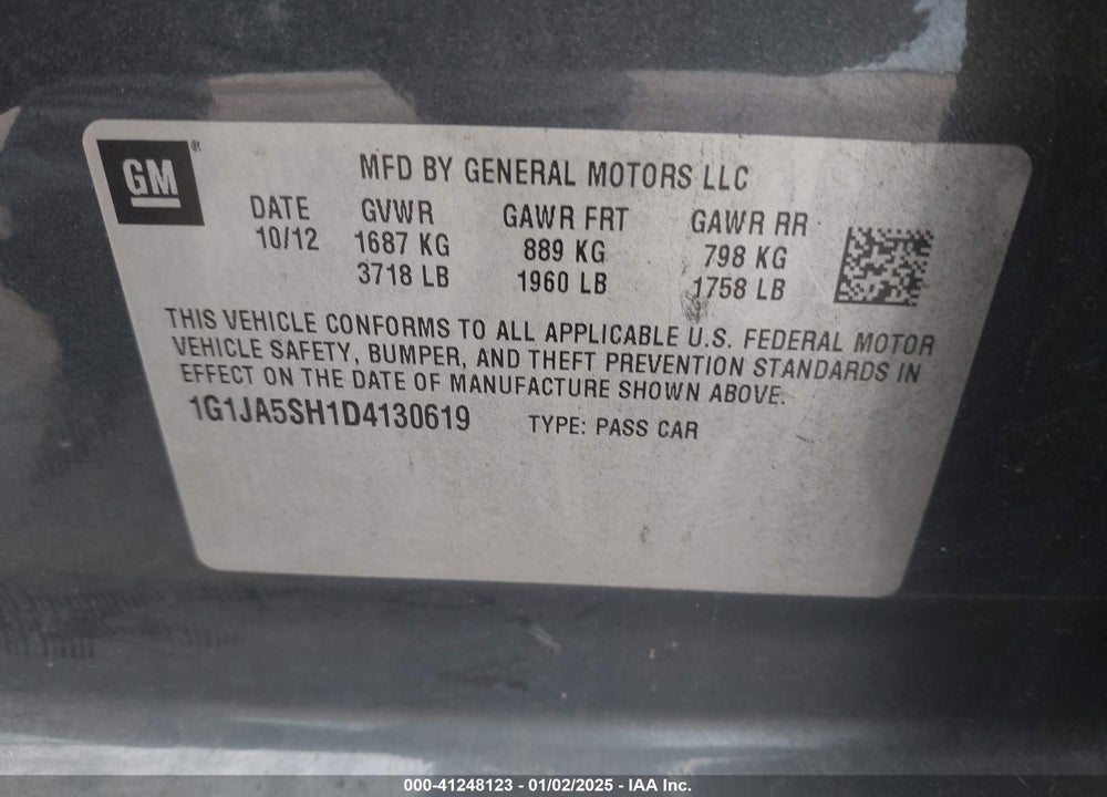 2013 CHEVROLET SONIC LS AUTO VIN: 1G1JA5SH1D4130619