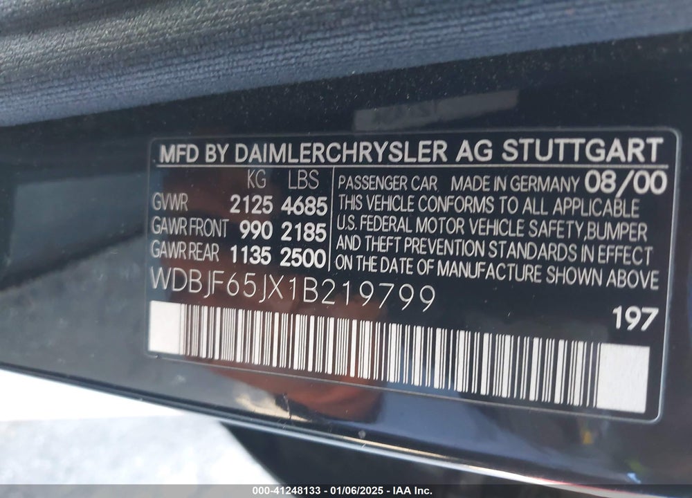 2001 MERCEDES-BENZ E 320 VIN: WDBJF65JX1B219799