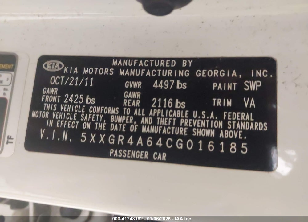 2012 KIA OPTIMA VIN: 5XXGR4A64CG016185